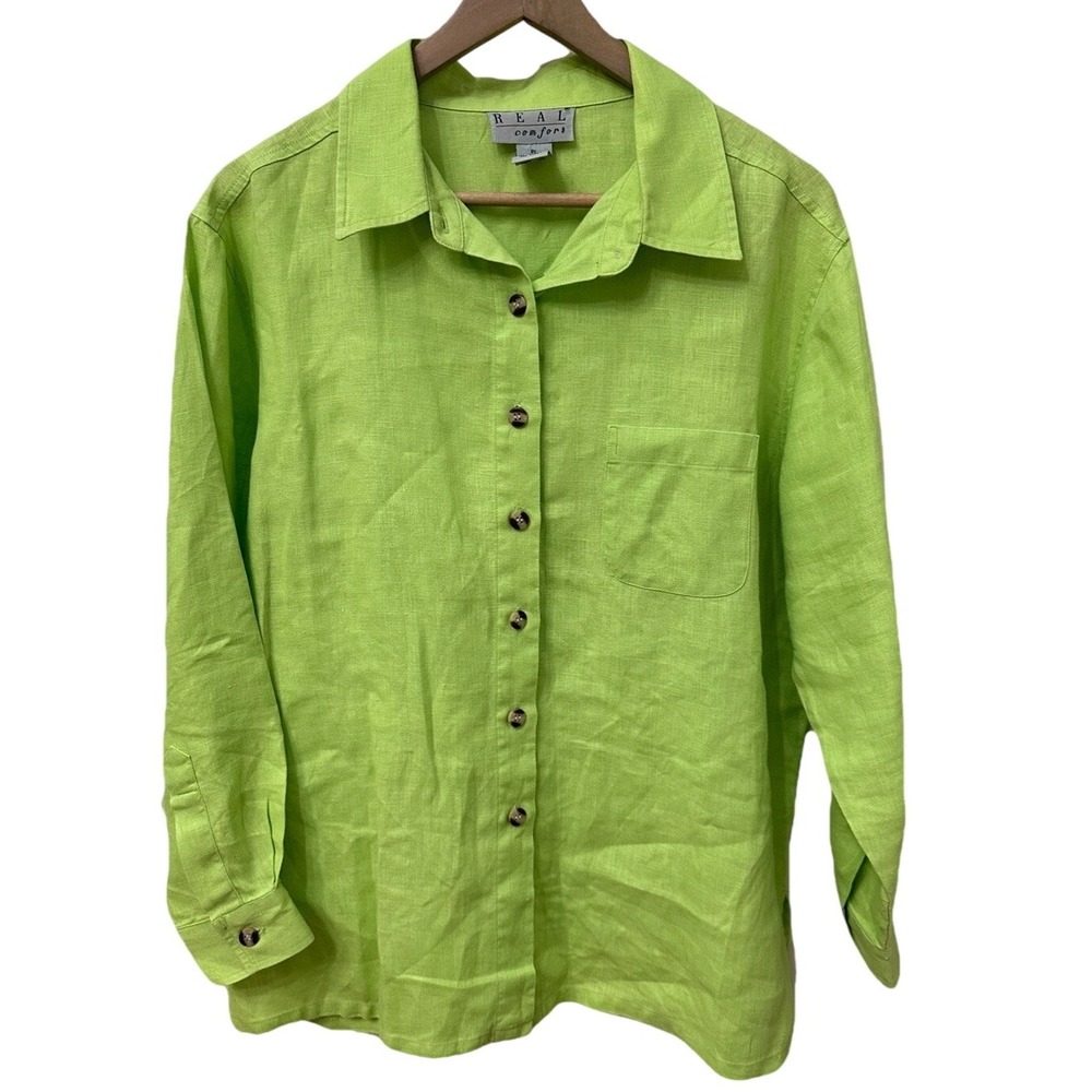 Real‎ Comfort Linen Shirt PL Lime Green Long Sleeve Button Down 100% Linen Top